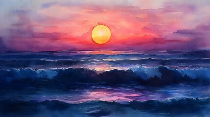 Ocean Sunset Watercolor Painting, Vibrant Colors