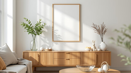 A serene Easter living room interior featuring a mock up poster frame on the wall, paired with a glass vase filled with fresh green leaves
