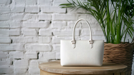 Mockup elegant white bag, placed on wooden table, minimalist white brick wall background. AI generated images.	