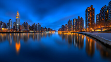 Obraz premium Panoramic view of Manhattan's illuminated skyline at dusk. Urban cityscape with tall buildings and waterfront, isolated on a white background. Concept of New York City