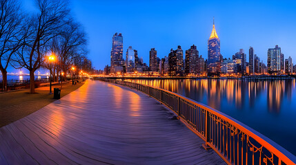 Obraz premium Panoramic view of Manhattan's illuminated skyline at dusk. Urban cityscape with tall buildings and waterfront, isolated on a white background. Concept of New York City