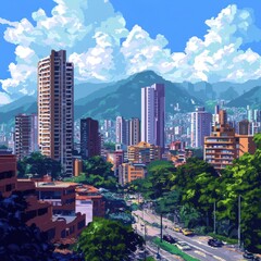 Obraz premium Pixelated cityscape featuring a modern city skyline and lush greenery