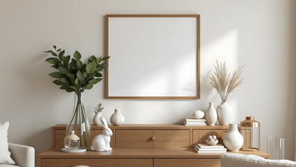 A serene Easter living room design featuring a mock up poster frame on the wall, bringing creative flair to the decor