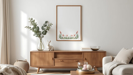 A cozy and inviting Easter living room interior featuring a mock up poster frame on the wall showcasing seasonal art