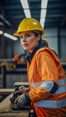 Female construction production manager in a work environment, wearing a reflective safety vest and white helmet