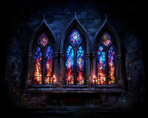 Obraz premium Stunning Gothic Architectural Illustration with Colorful Stained Glass Windows and Golden Accents, Perfect for Dark Themed Art and Design Projects