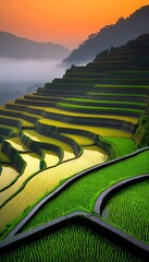 Obraz premium Serene Rice Terraces at Sunset Agriculture and Landscape Scenery in Mountains Beauty