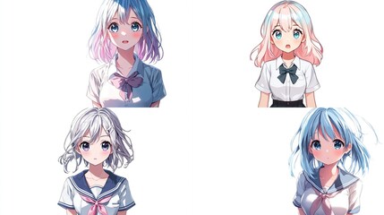 Four anime girls with pastel hair in school uniforms.