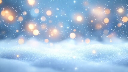 Fototapeta premium Soft, blurred background of white snow with bokeh lights and sparkling stars, creating an enchanting winter scene ideal for product display or digital art design. illustration