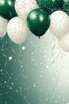 Celebration green and white balloons, confetti and ribbons. Festive background for birthday, anniversary, new year, christmas theme. Generative Ai&nbsp;