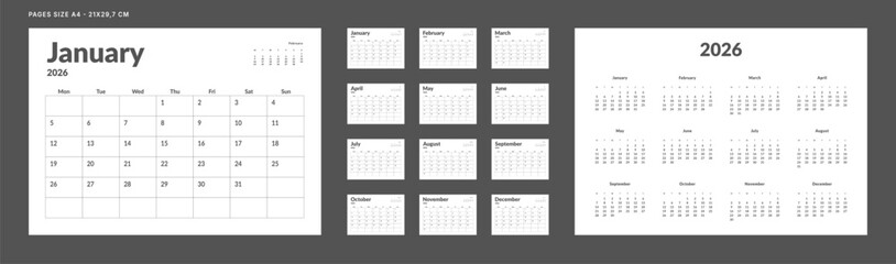 2026 Calendar Planner Set of Template Monthly Page, Annual 2027. Vector layout grid of wall or desk calendar with week start Monday in in monochrome color. Page A4-21x29.7 cm for print