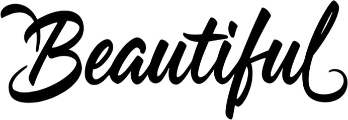 "Beautiful" word art, black script font, transparent background.