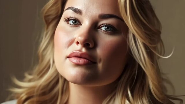 A confident plus-size blonde model posing in a studio for advertising purposes, showcasing diversity and body positivity. The video offers ample copy space for adding text or branding elements.