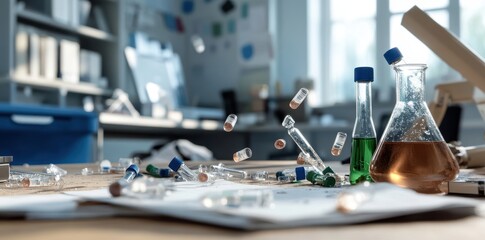 Abandoned laboratory with shattered vials and leaking substances creating a hazardous atmosphere.