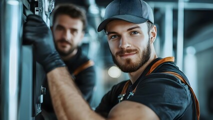 Two technicians working in a modern environment, one smiling at the camera while the other focuses on a task. Concept Modern Workspace, Team Collaboration, Technicians at Work, Smiling Professional