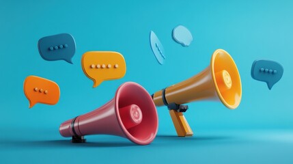 Creative 3D rendering of megaphones with floating speech bubbles placed on a bold blue background symbolizing effective communication tools for marketing advertising and business announcements illust