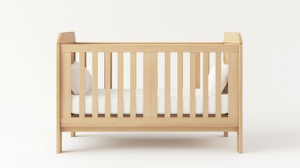 a light wood baby crib with white cushions on the sides, set against a white background illustration