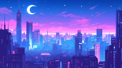Naklejka premium 幻想的な満月が輝くピンクと青のネオン都市夜景・1980年代レトロポップ調の美しい都市イラスト背景素材・ノスタルジックでエモい未来的な街並み・都会の夜空・鮮やかなシティライフ風景