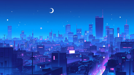 青とピンクが織りなすレトロポップ調の美しい満月夜景・1980年代風ネオンカラーの幻想的な都会のイラスト・ノスタルジックでエモい都市背景素材・未来都市・鮮やかな夜空・夜の街の情景