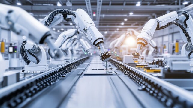 A high tech AI powered factory line with robotic arms assembling advanced consumer electronics in a clean environment, glowing production monitoring system, precision assembly tools
