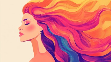 A serene stylized portrait of a woman with vibrant flowing hair, ideal for Women's Day promotions, creative design, or wellness campaigns. illustration