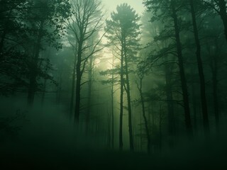 Fototapeta premium Mystical foggy forest background with deep green hues and glowing light rays filtering through trees, cinematic and atmospheric, high-resolution, Ai Generate.