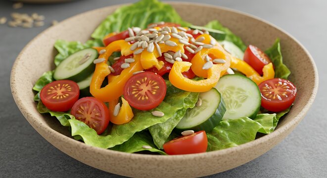 A fresh salad with lettuce, tomatoes, cucumbers, peppers, and seeds in a tan ceramic bowl on a gray surface