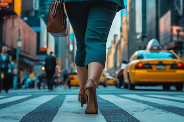 Fototapeta premium Business woman crossing the street during morning commute 