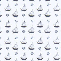 Seamless pattern with sailboats and steering wheel on a light background. Printing on fabric