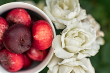close-up, photos conveying a summer mood, ripe juicy red nectarines in a white cup and white roses against a background of green foliage