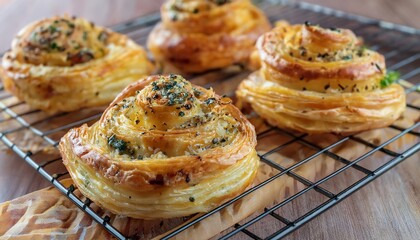 Golden, flaky pastries cooling on a wire rack, showcasing a spiral design with herbs sprinkled on top, inviting and delicious.