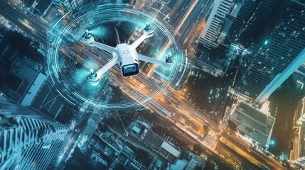 A high tech AI powered traffic enforcement drone monitoring road safety in a futuristic city, digital license plate scanning, holographic law enforcement interface