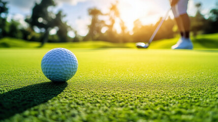 Close-up of a golfer putting a ball on a green golf course on a sunny day