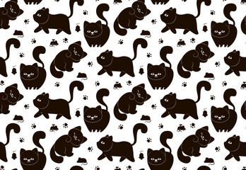 Obraz premium Seamless pattern of adorable black cats in different poses. Cartoon cats hand drawn seamless pattern. Animal seamless background, cute vector texture for bedding, fabric, wallpaper, wrapping paper, te