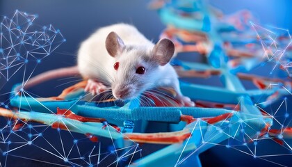 Lab white mouse sits on neural pathway model. Dna sequencing
