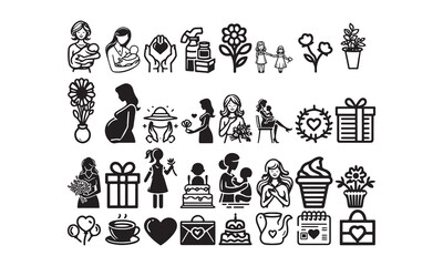  Set of Mothers day silhouette line art icon elements vector art design