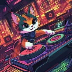 Calico cat dj playing music in a futuristic nightclub. Generative ai illustrations