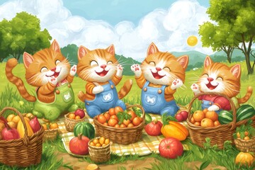 Fototapeta premium Happy cartoon cats enjoying a cheerful picnic in nature. Generative ai illustrations
