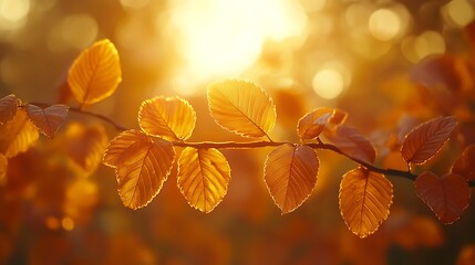 Golden autumn leaves backlit by sunset.