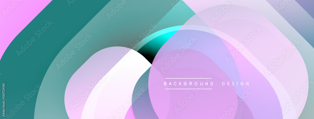 Poster Circular abstract design with overlapping translucent circles and round shapes, blending gradients and smooth curves, creating depth, contrast, and a dynamic visual effect