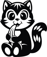A cute cate eating a banana isolated vector illustration, A cute cate eating a banana silhouette and line art vector