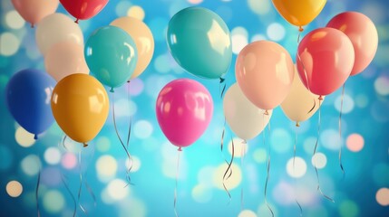 Colorful balloons float against a dreamy blue background, perfect for celebration and festive occasions. illustration
