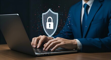 Cyber Security Protection: Man in Suit Typing on Laptop with Lock Shield Graphic for Data Privacy and Online Safety