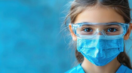 young girl wearing protective goggles and medical mask, dressed in blue scrubs, with calm expression against blue background