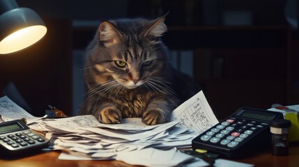 Cat accountant working late on taxes and bills under desk lamp. Generative ai illustrations