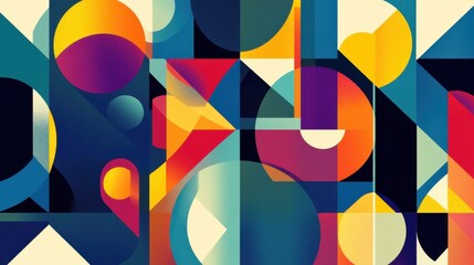Obraz premium A modern wallpaper design featuring vibrant geometric patterns with circles, triangles, and bold colors creating a dynamic abstract composition illustration