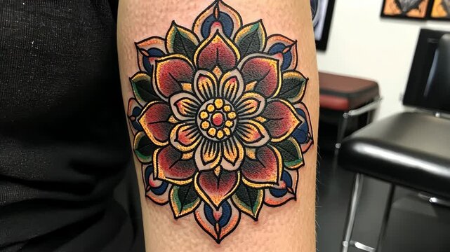 Colorful mandala tattoo displayed on the forearm inside a tattoo studio during daylight hours