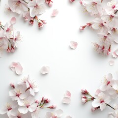 Delicate pink cherry blossom branches are artistically arranged on white