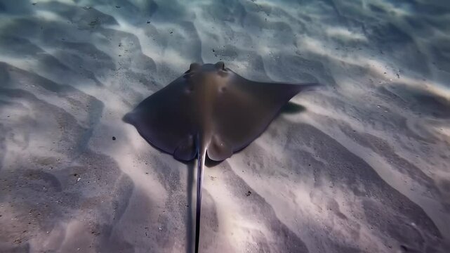 A stingray moves effortlessly across the sandy ocean floor, showcasing its wings as it glides through the warm, clear waters of a tropical location during daylight hours
