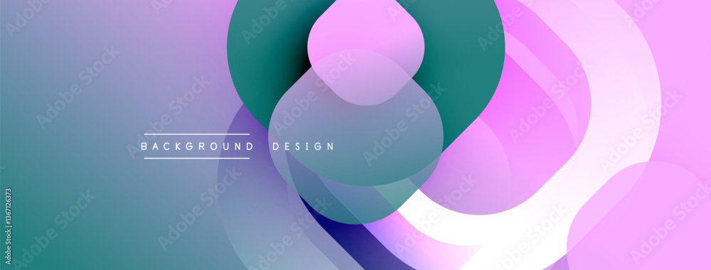 Poster Circular abstract design with overlapping translucent circles and round shapes, blending gradients and smooth curves, creating depth, contrast, and a dynamic visual effect